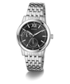 Silver GUESS Mens Silver Tone Multi-function Watch with black dial on a white background