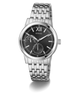 Silver GUESS Mens Silver Tone Multi-function Watch with black dial on a white background