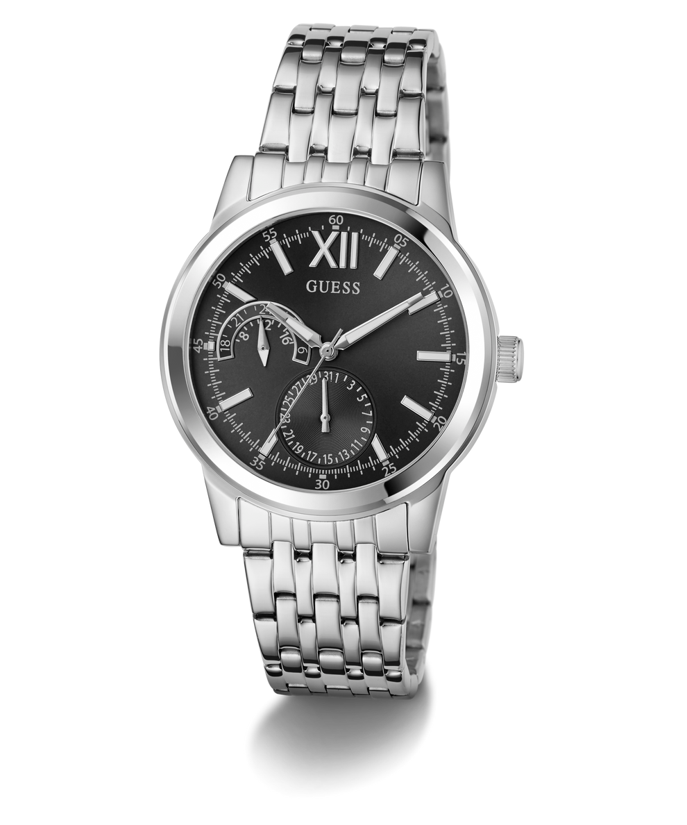 Silver GUESS Mens Silver Tone Multi-function Watch with black dial on a white background