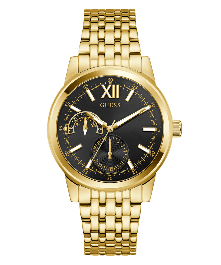 Gold GUESS Mens Gold Tone Multi-function Watch with a black face on a white background