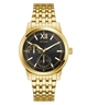 Gold GUESS Mens Gold Tone Multi-function Watch with a black face on a white background