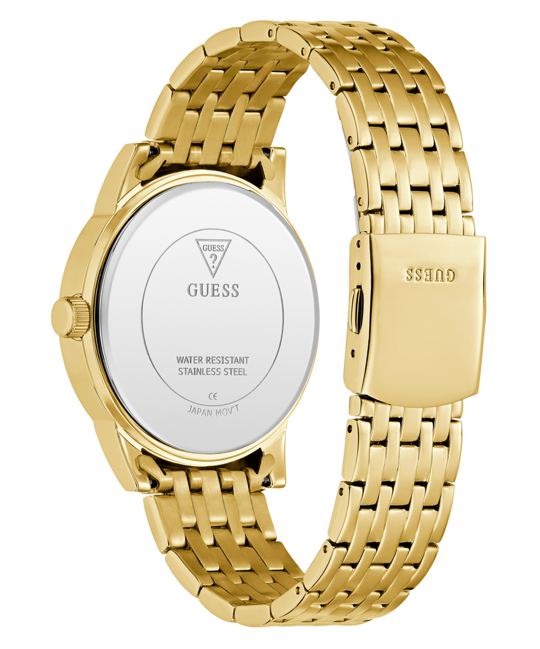 Gold GUESS Mens Gold Tone Multi-function Watch with a white face on a white background