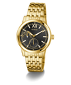 Gold GUESS Mens Gold Tone Multi-function Watch with a black face on a white background
