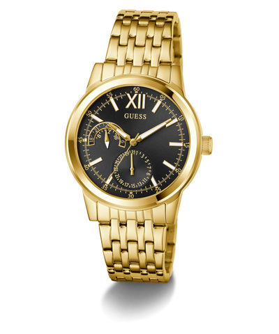 Gold GUESS Mens Gold Tone Multi-function Watch with a black face on a white background