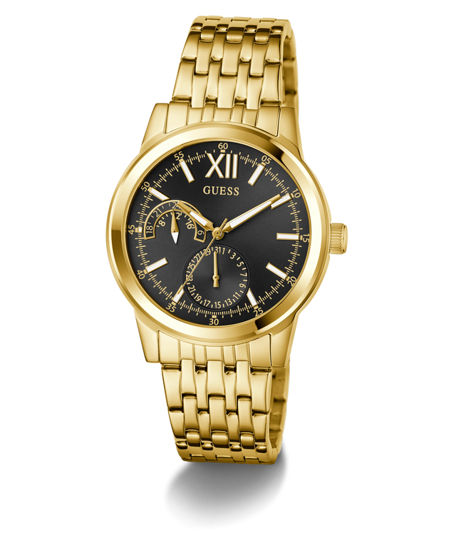 Gold GUESS Mens Gold Tone Multi-function Watch with a black face on a white background
