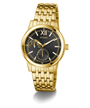 Gold GUESS Mens Gold Tone Multi-function Watch with a black face on a white background