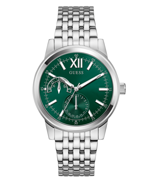 Silver GUESS Mens Silver Tone Multi-function Watch with a green face on a white background