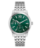 Silver GUESS Mens Silver Tone Multi-function Watch with a green face on a white background