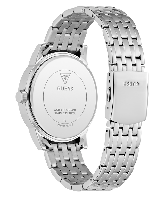 GUESS Mens Silver Tone Multi-function Watch with metal band on a white background