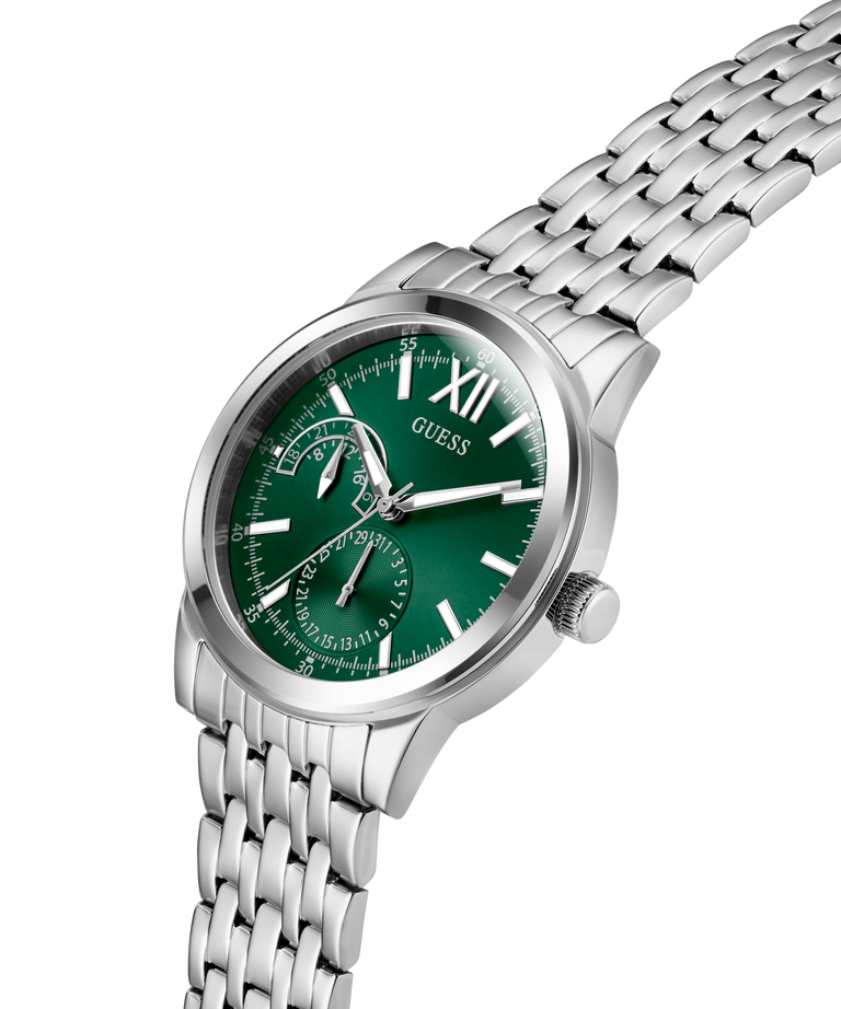 Silver GUESS Mens Silver Tone Multi-function Watch with a green dial on a white background lifestyle