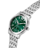 Silver GUESS Mens Silver Tone Multi-function Watch with a green dial on a white background lifestyle