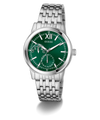 GUESS Mens Silver Tone Multi-function Watch with a green dial on a white background