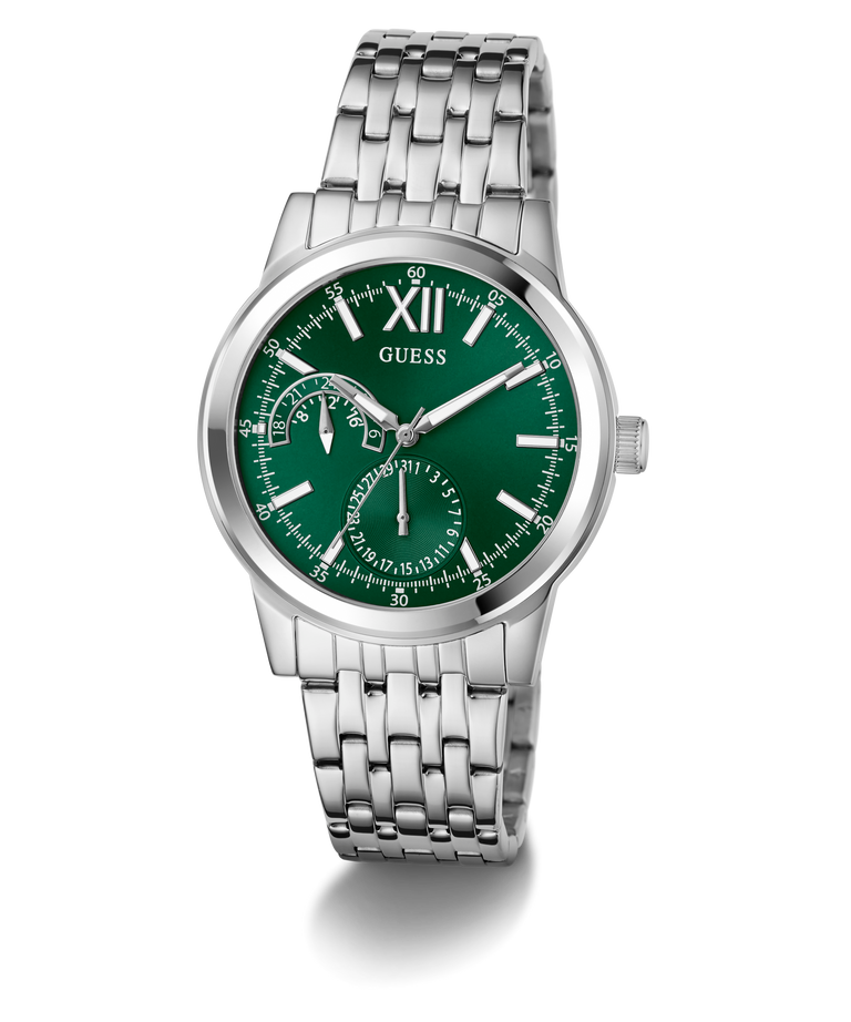 GUESS Mens Silver Tone Multi-function Watch with a green dial on a white background