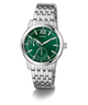 GUESS Mens Silver Tone Multi-function Watch with a green dial on a white background