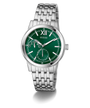 GUESS Mens Silver Tone Multi-function Watch with a green dial on a white background