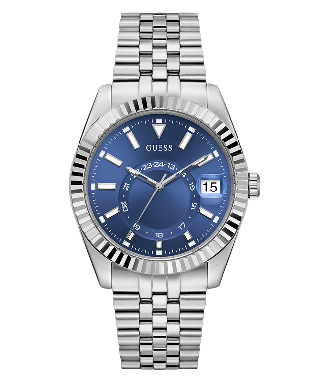 GUESS Mens Silver Tone Multi-function Date Watch with blue dial on a white background