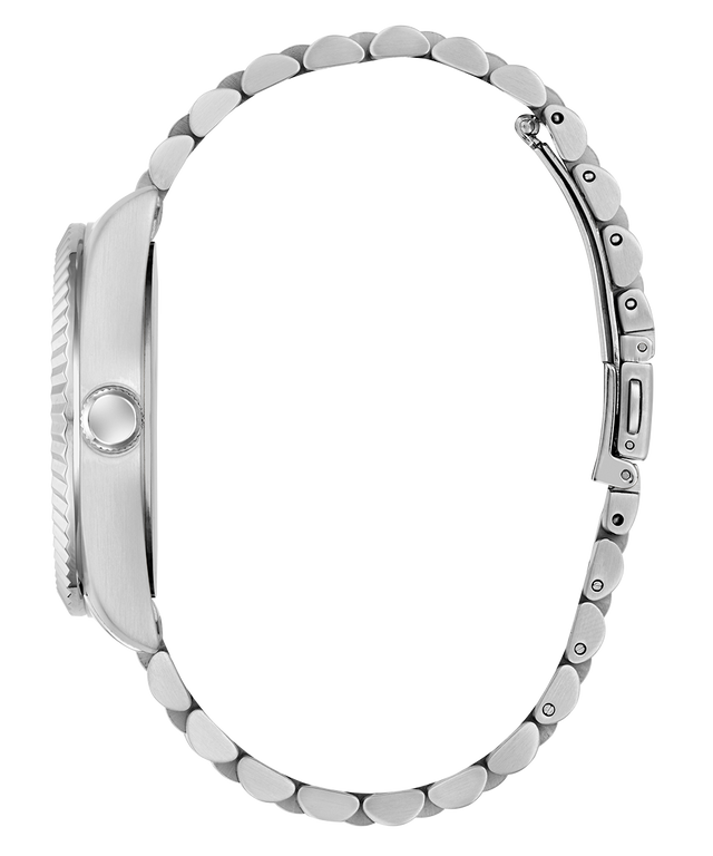Close-up of a silver watch with a beaded bracelet on a white background