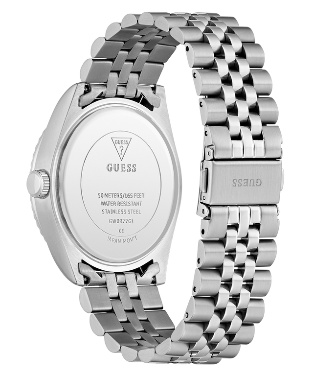 Caseback of GUESS Mens Silver Tone Multi-function Date Watch with metal band on a white background