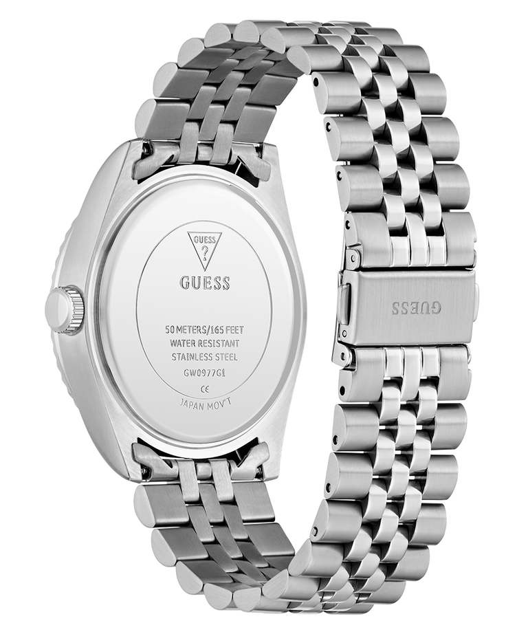Caseback of GUESS Mens Silver Tone Multi-function Date Watch with metal band on a white background