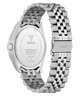 Caseback of GUESS Mens Silver Tone Multi-function Date Watch with metal band on a white background