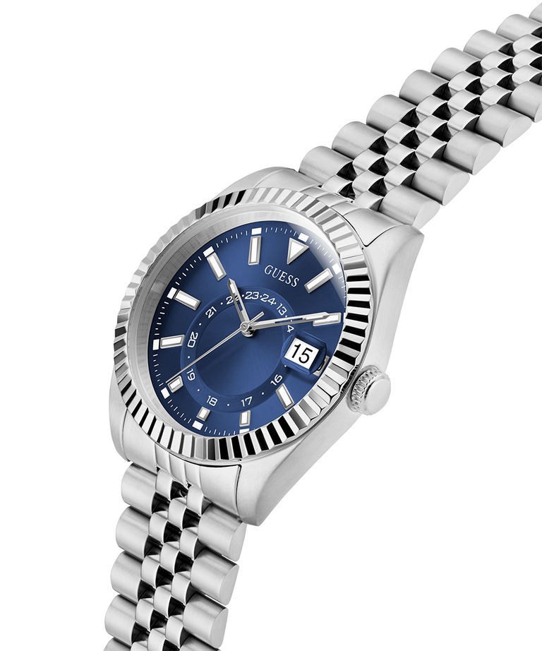 Silver watch with blue dial on a white background lifestyle