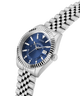 Silver watch with blue dial on a white background lifestyle