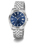GUESS Mens Silver Tone Multi-function Date Watch with blue dial on a white background