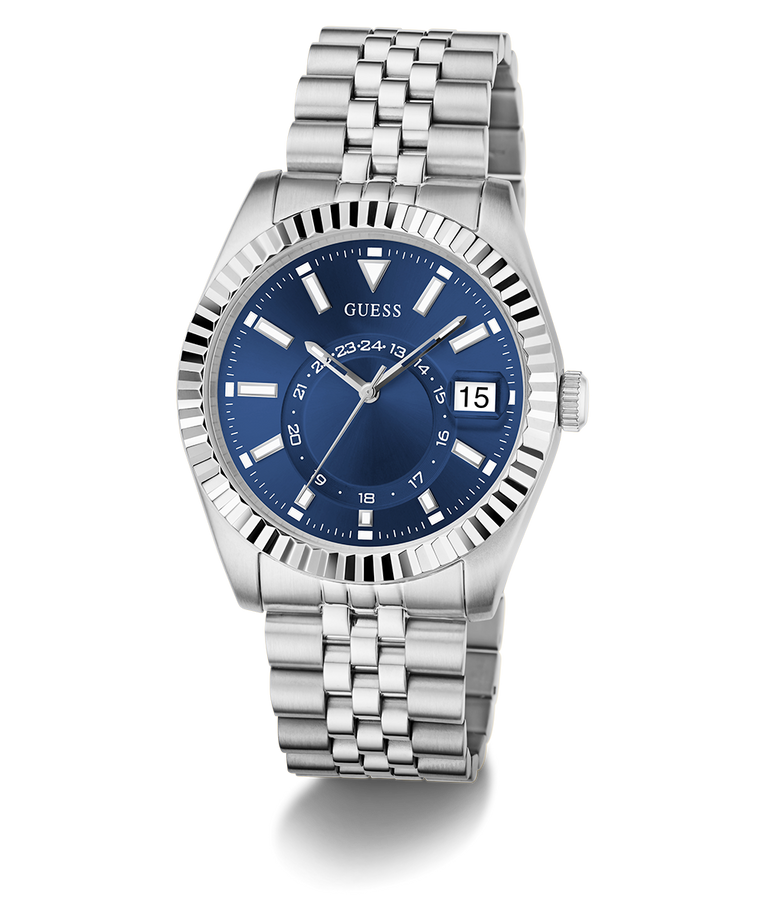 GUESS Mens Silver Tone Multi-function Date Watch with blue dial on a white background