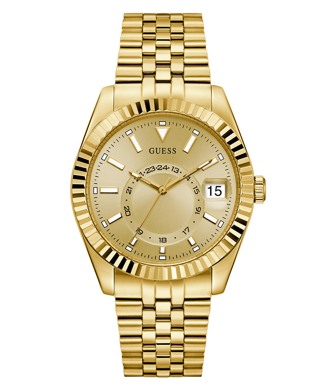 GUESS Mens Gold Tone Multi-function Date Watch with a detailed face on a white background