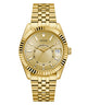 GUESS Mens Gold Tone Multi-function Date Watch with a detailed face on a white background