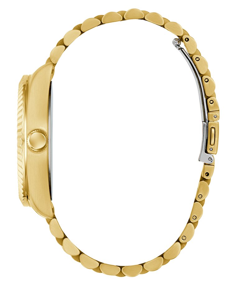 Gold watch with a beaded band on a white background