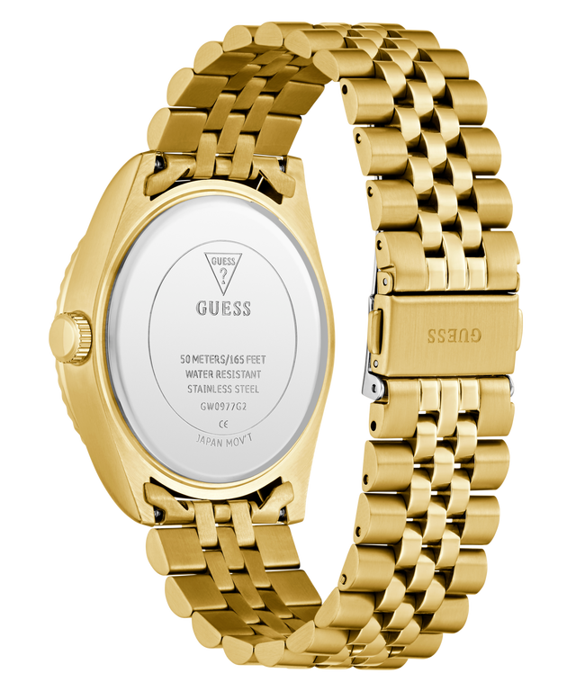 Gold watch with chain strap on a white background