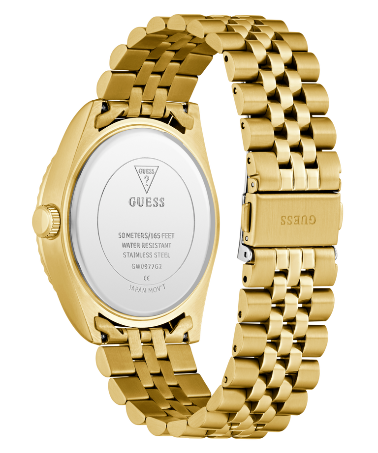 Gold watch with chain strap on a white background
