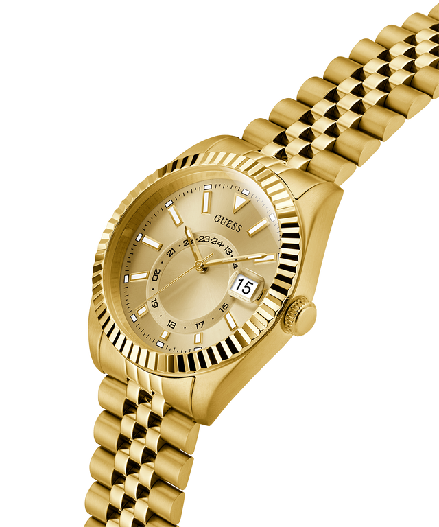 Gold watch with a detailed face on a white background lifestyle