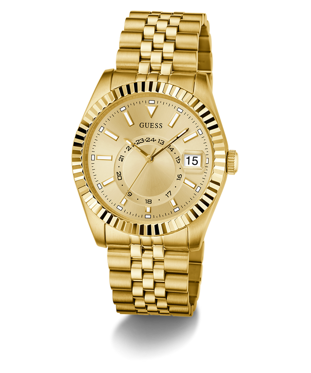 GUESS Mens Gold Tone Multi-function Date Watch with a visible brand logo on a white background