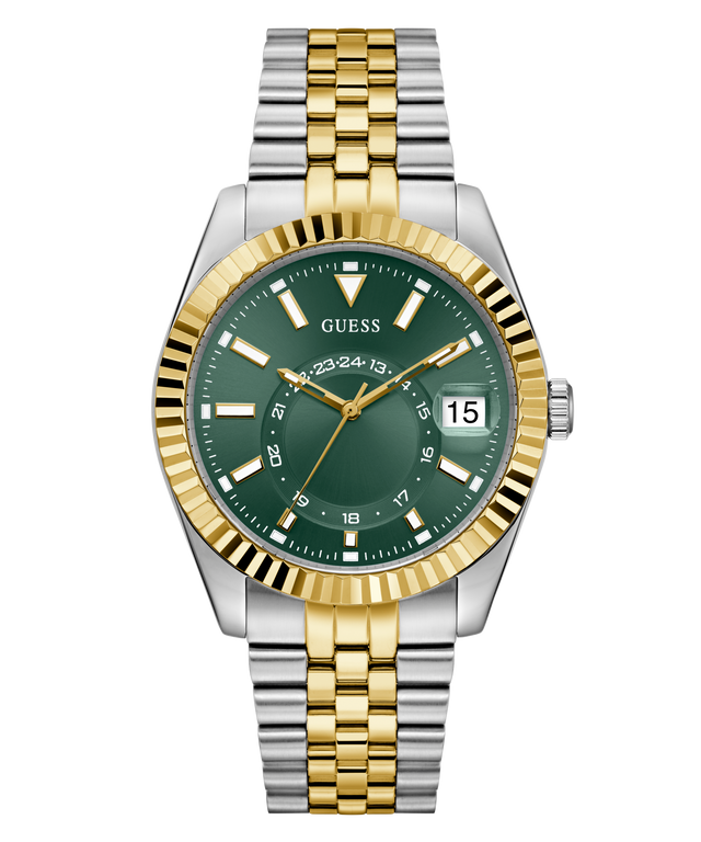 Two-tone silver and gold watch with green dial on a white background GW0977G4