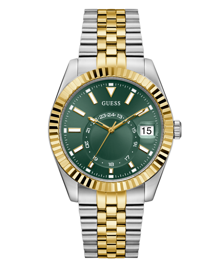 Two-tone silver and gold watch with green dial on a white background GW0977G4