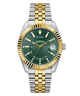 Two-tone silver and gold watch with green dial on a white background GW0977G4