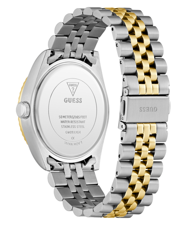 Two-toned silver and gold watch band with Guess branding on a white background
