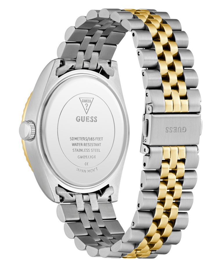 Two-toned silver and gold watch band with Guess branding on a white background