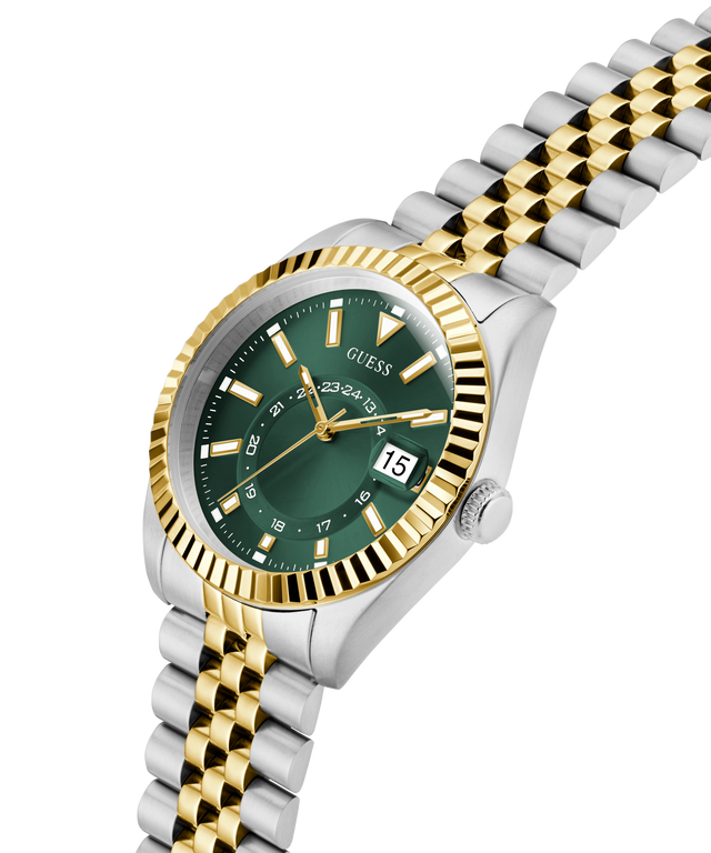 Two-tone watch with green dial and gold accents on a white background lifestyle