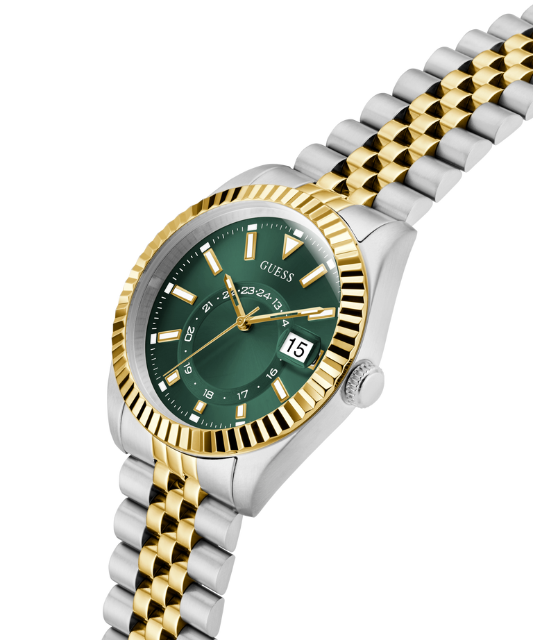 Two-tone watch with green dial and gold accents on a white background lifestyle