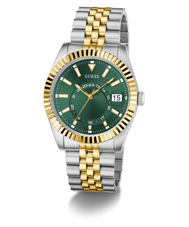 Two-tone silver and gold watch with green dial on a white background GW0977G4