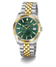 Two-tone silver and gold watch with green dial on a white background GW0977G4