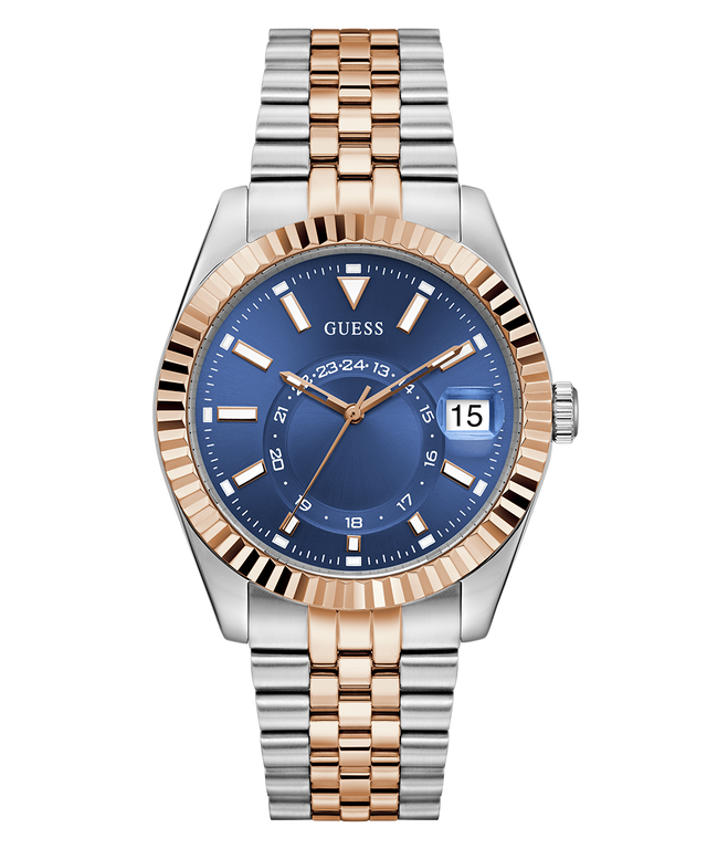 Two-tone watch with blue dial and rose gold accents on a white background GW0977G5