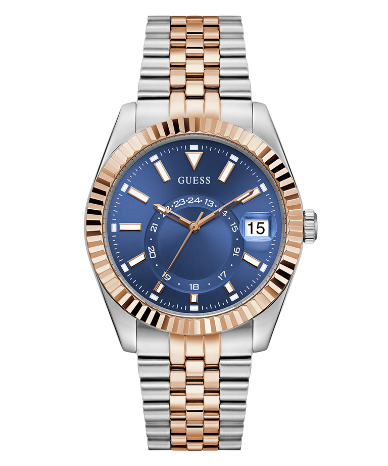Two-tone watch with blue dial and rose gold accents on a white background GW0977G5
