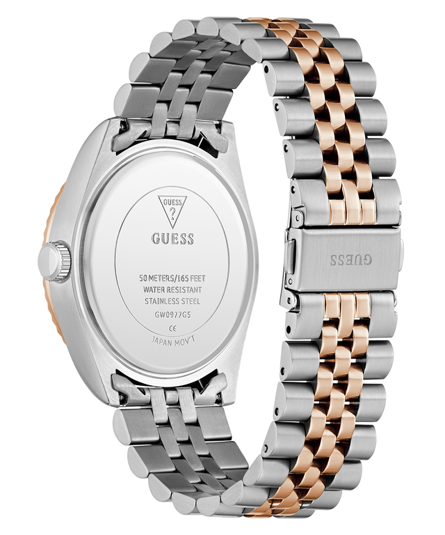 Guess watch caseback
with two-tone metal band on a white background