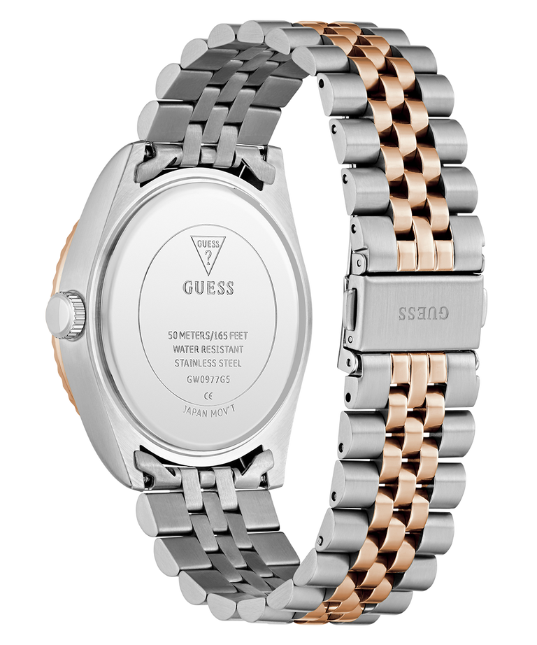 Guess watch caseback
with two-tone metal band on a white background