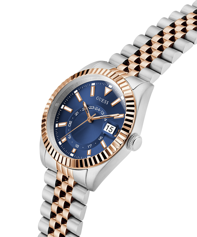 Two-tone watch with blue dial and rose gold accents on a white background lifestyle