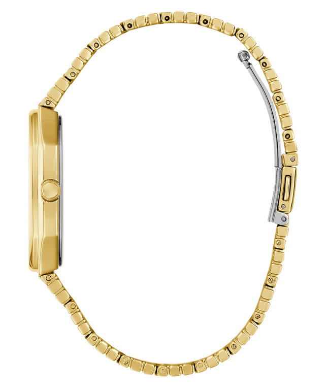 side of GUESS Mens Gold Tone Date Watch with a beaded band on a white background